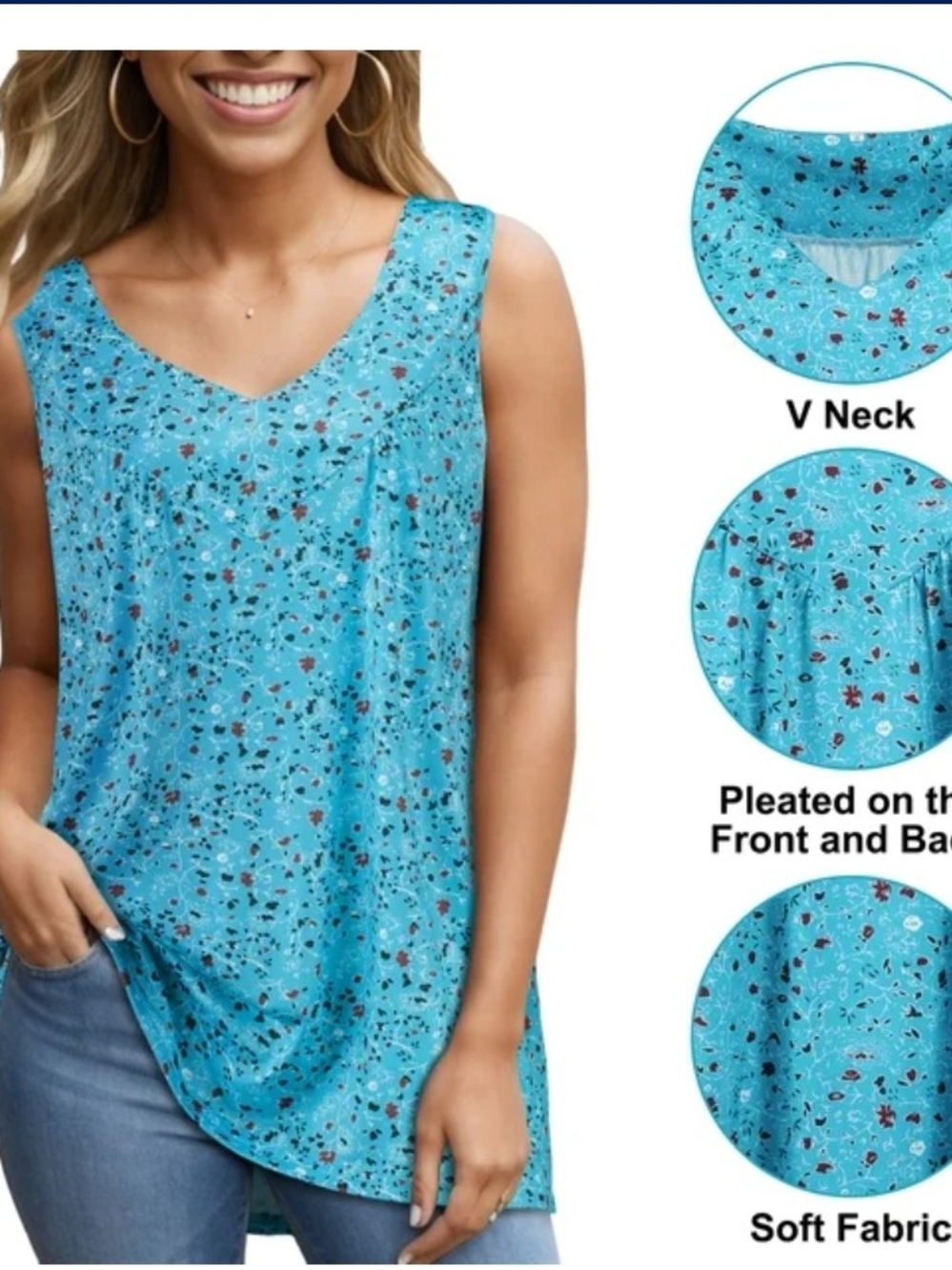 Women's Blue Floral Scoop Neck Tank Top L